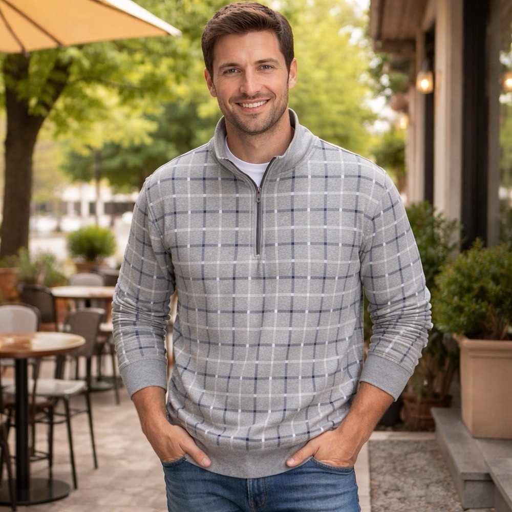 Nautica Quarter Zip Pullover Shirt Mens XXL Gray Plaid Cotton Mock Neck Preppy